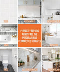 Ceramic Tile Repair Kit for Chips and Cracks Color Matched Porcelain Tile Repair Filler with Superior Adhesion Home DIY Patch Kit for Floors and Walls Easy Color Match for Tiles Including Chip and Hole Restoration image of various surfaces like tiles, sinks, bathtubs, and kitchen islands.