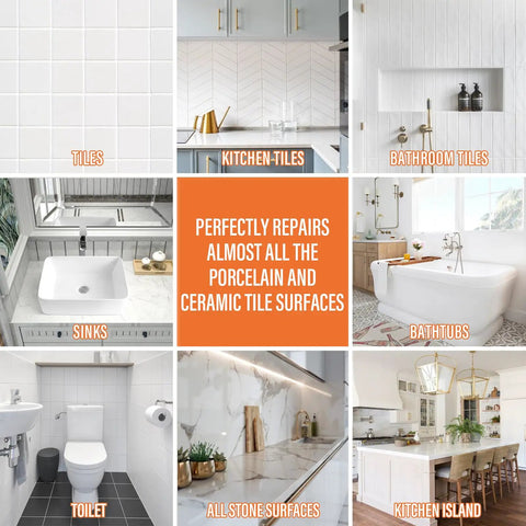 Ceramic Tile Repair Kit for Chips and Cracks Color Matched Porcelain Tile Repair Filler with Superior Adhesion Home DIY Patch Kit for Floors and Walls Easy Color Match for Tiles Including Chip and Hole Restoration image of various surfaces like tiles, sinks, bathtubs, and kitchen islands.