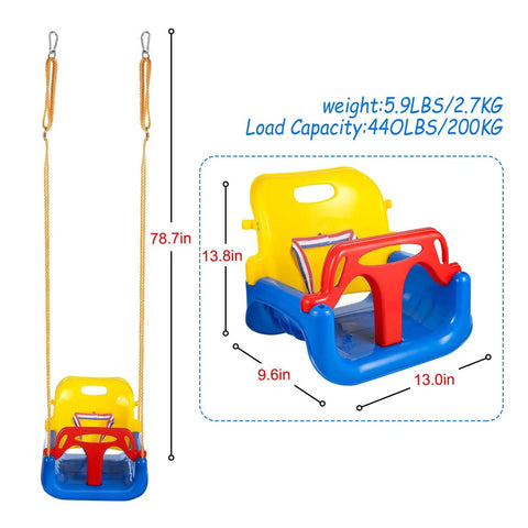 Three In One Convertible Kids Swing Seat with Detachable High Back Support, Adjustable Height Nylon Rope, Durable Plastic