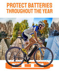 Cyclist riding on ebike with Large Ebike Battery Cover Waterproof For Bicycle Frame Protector through different seasons.