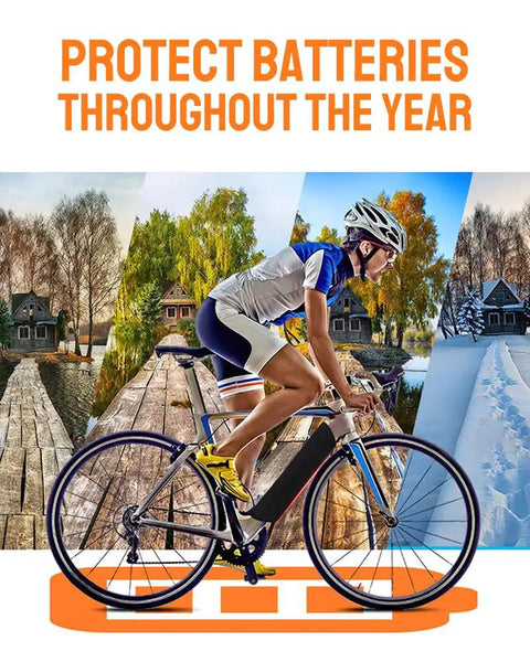 Cyclist riding on ebike with Large Ebike Battery Cover Waterproof For Bicycle Frame Protector through different seasons.