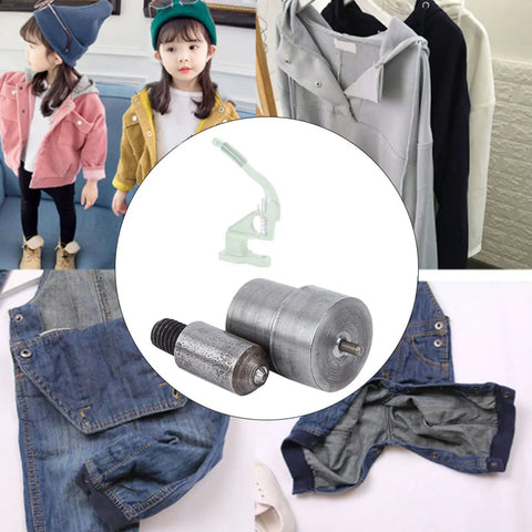 Heavy Duty Grommet Punch Die Set For Hand Press Machine, Metal Eyelet Tool For Rivets, shown with clothing and denim applications
