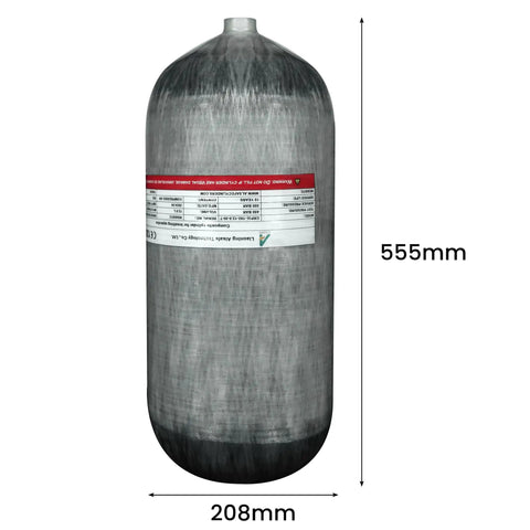 Side view of 12L 4500 PSI High Pressure Carbon Fiber Tank For PCP Paintball Air Systems And Scuba Diving M18 Thread Lightweight Durable Tank