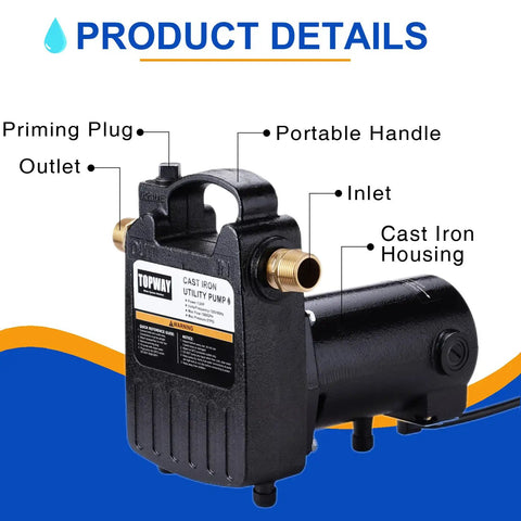Beast Of A Portable Cast Iron 1/2 HP Water Transfer Pump with Built-In On Off Switch and Easy Carry Handle