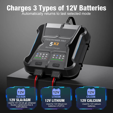2 Bank Marine Battery Charger 5X2 10A Per Bank 12V Waterproof Onboard Battery Maintainer Desulfator For SLA AGM Lithium LiFePO4 Calcium And Deep Cycle Batteries With Around The Clock Charging Capability