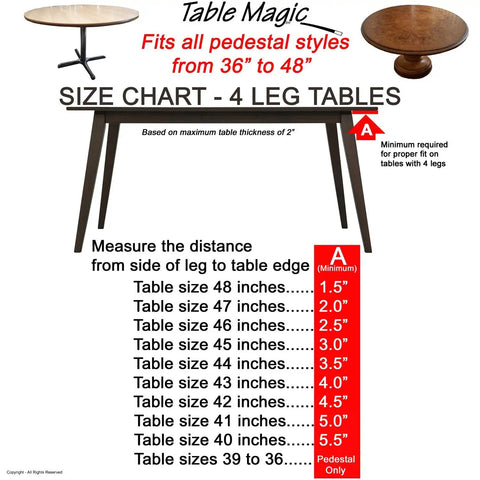 Size chart for Elastic Edge Round Vinyl Table Cover 36 to 48 Inch Fits Round Tables with a Stretchy Edge, Fitted, Indoor Outdoor.