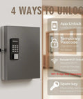 Wall-mounted 32 Key Lock Box with keypad, showcasing 4 ways to unlock: app, passcode, WiFi, and key. Ideal for secure access.