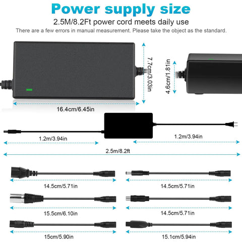 Seven In One Universal 54.6V 2A Ebike Charger dimensions and interchangeable heads diagram.