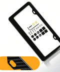 Slick Real Carbon Fiber License Plate Frame 2 Hole Slim Black Gloss Car Tag Holder with mounting hardware and anti-theft screws.
