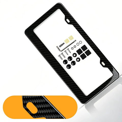 Slick Real Carbon Fiber License Plate Frame 2 Hole Slim Black Gloss Car Tag Holder with mounting hardware and anti-theft screws.