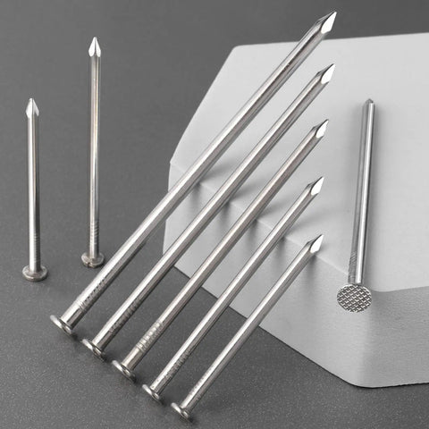 420 Piece Stainless Steel Hardware Nails Set For Home Use With Six Sizes Up To Three Inches Long on gray background
