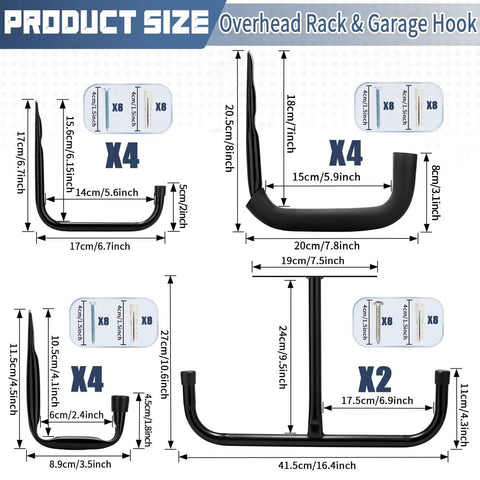 Dimensions of Heavy Duty Garage Ceiling Hooks Set With 12 Hooks For Ladders, Bikes, And Tools For Pros And DIYers Overhead Rack