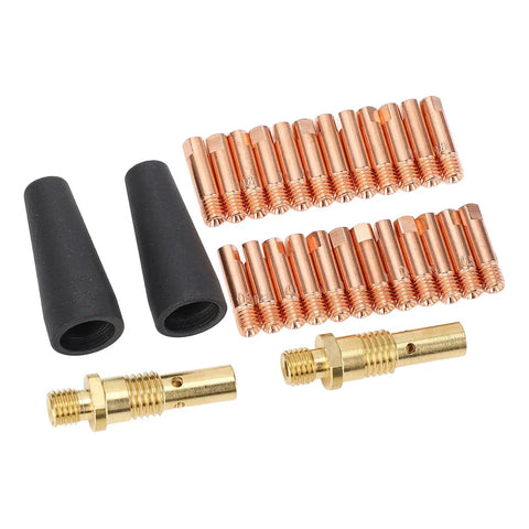 All In One MIG Welding Kit With 24 Tips 2 Flux Core Nozzles 2 Gas Diffusers Premium Copper Brass Teflon Parts 28 Piece Set