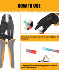 Heavy Duty Ratcheting Wire Crimper For Awg Heat Shrink Connectors in use, showing crimping instructions and connectors.