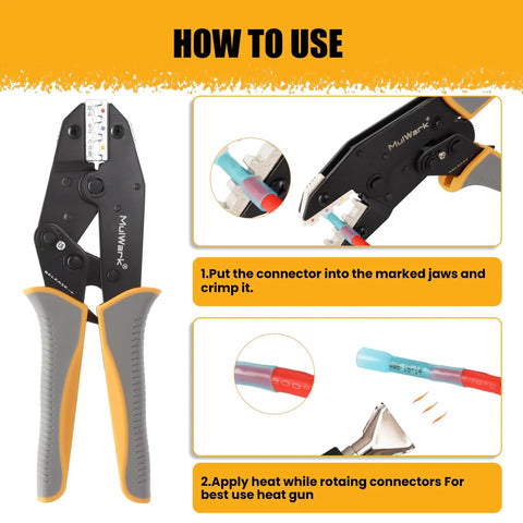 Heavy Duty Ratcheting Wire Crimper For Awg Heat Shrink Connectors in use, showing crimping instructions and connectors.