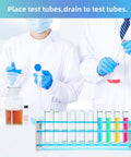 Heavy Duty 50 Hole Test Tube Rack For 13, 16, And 18mm Tubes displayed with colorful test tubes in a lab setting.