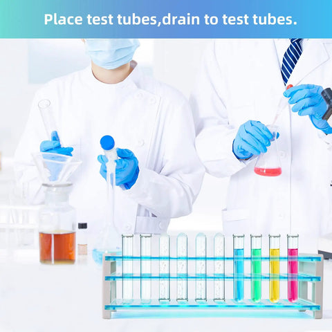 Heavy Duty 50 Hole Test Tube Rack For 13, 16, And 18mm Tubes displayed with colorful test tubes in a lab setting.