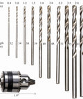 Drill bits set with chuck for One Quarter Inch Capacity Manual Hand Drill Kit with Ten Drill Bits, various sizes and lengths shown.