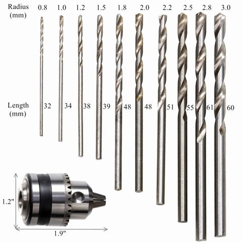 Drill bits set with chuck for One Quarter Inch Capacity Manual Hand Drill Kit with Ten Drill Bits, various sizes and lengths shown.
