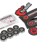 Front view: Fireball Dragon inline skate bearings, 16-pack; metal inner races with black seals, boxed with Dragon logos.