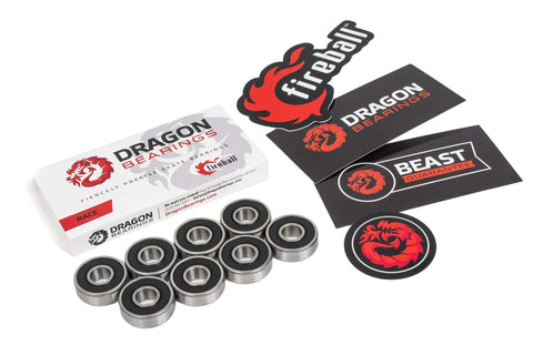 Front view: Fireball Dragon inline skate bearings, 16-pack; metal inner races with black seals, boxed with Dragon logos.