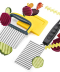 Front view of 2-piece Amazon crinkle cutter set with stainless steel ribbed blades, yellow guard, and black handle.