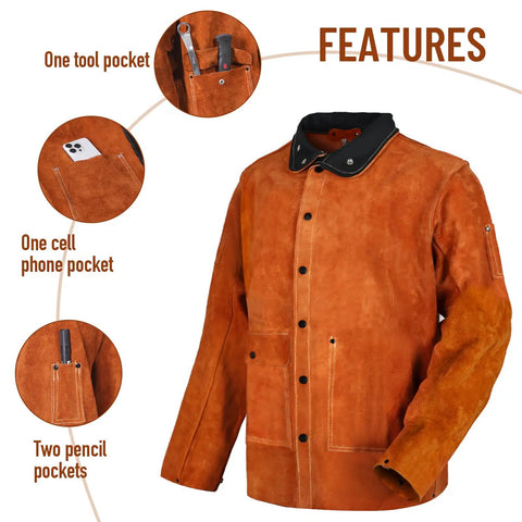 Flame Resistant Heavy Duty Leather Welding Jacket Built Tough With Split Cowhide For Maximum Heat And Spark Protection Kevlar Thread Seams Pro Grade Welders Workwear Medium featuring tool, cell phone, and pencil pockets
