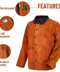 Flame Resistant Heavy Duty Leather Welding Jacket With Split Cowhide For Spark Protection And Heat Shield With Kevlar Thread Construction Pro Grade Gear For Serious Welders Extra Large Size, highlighting pockets