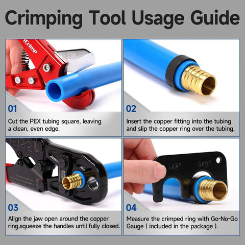 Combo Pex Pipe Crimping Tool Kit for One Half and Three Quarter Inch Copper Ring Fittings Meets ASTM F1807 Standard Copper Ring Crimper Removal Tool and Pex Tubing Cutter for Fast DIY Home Plumbing Fixes usage guide with four steps for crimping PEX pipes and fittings.