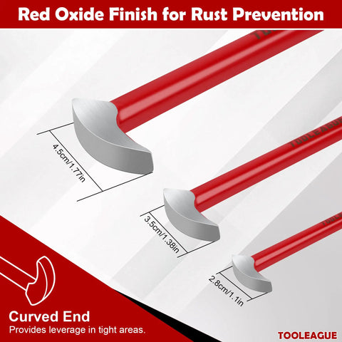 Rolling Head Pry Bar Set 6 Inch, 12 Inch, 16 Inch Heavy Duty Hand Tools, red handles with curved ends, measurements shown