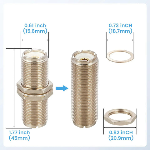 SO239 To SO239 UHF Female Bulkhead Adapter RF Coax Coupler dimensions and parts including nut and washer