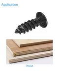Heavy Duty M4 X 12mm Phillips Flat Head Self Tapping Wood Screws Black Carbon Steel With Rust Resistant Finish on wood.