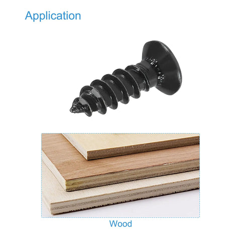 Heavy Duty M4 X 12mm Phillips Flat Head Self Tapping Wood Screws Black Carbon Steel With Rust Resistant Finish on wood.