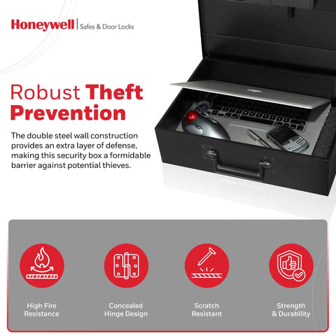 Hideable Money Safe Box With Carry Handle Fire Resistant Home Safe For Cash Jewelry And Documents open with contents visible.