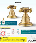 8 Inch Widespread Bathroom Faucet Set With Two Cross Handles, gold brass handles on marble, diagrams and warning labels visible.