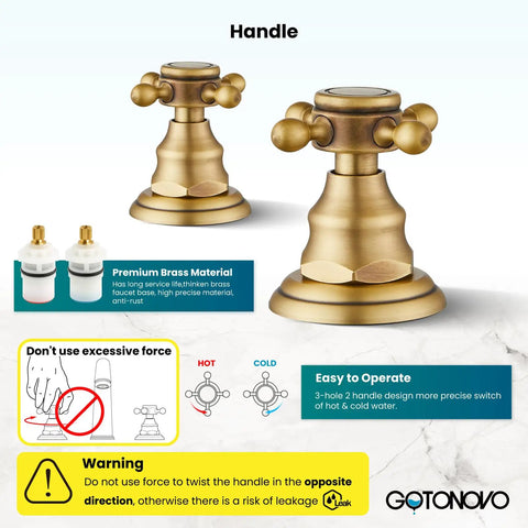8 Inch Widespread Bathroom Faucet Set With Two Cross Handles, gold brass handles on marble, diagrams and warning labels visible.