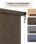 Outdoor Cordless Roller Sun Shade 6 Foot Wide By 8 Foot High Mocha For Patio Porch Pergola Balcony Backyard Privacy shown with sturdy clutch bracket and color options.