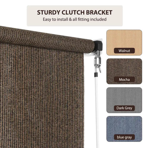 Outdoor Cordless Roller Sun Shade 6 Foot Wide By 8 Foot High Mocha For Patio Porch Pergola Balcony Backyard Privacy shown with sturdy clutch bracket and color options.