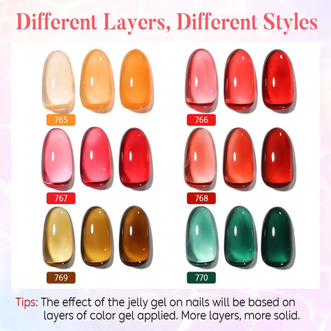 Transparent Icy Jelly Gel Nail Polish Kit With Soak Off UV LED Hema Free Vegan Cruelty Free 6 color swatches in display