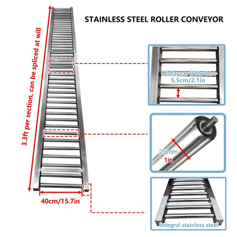 Heavy-Duty 40Cm Stainless Steel Roller Conveyor With 13 Foot Length For Super Fast Material Handling And Efficient Goods Transport In Any Woodworking Shop Or Industrial Setup Without Rusting, detailed features and dimensions.