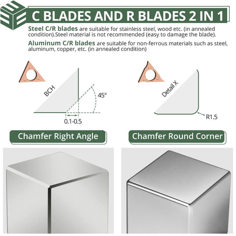 EYPINS mini pneumatic chamfering tool with 16 C/R blades; 45° bevel diagrams and metal block corners - front view