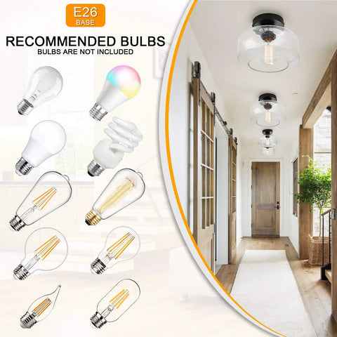 Recommended bulbs for Heavy Duty Industrial Semi Flush Mount Ceiling Light With Tough Matte Black Frame And Authentic Seeded Glass Cover.