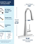 Moen Swyre Pulldown Kitchen Faucet, Chrome, 87508 highlighted with spout reach and faucet height details.
