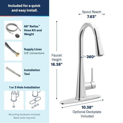 Moen Swyre Pulldown Kitchen Faucet, Chrome, 87508 highlighted with spout reach and faucet height details.