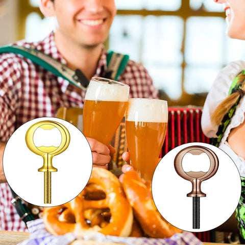 Two metal bottle opener inserts with threaded stems in gold and bronze finishes.