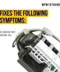 Close-up of Drop In Plug And Play Ice Maker Assembly for Whirlpool Refrigerator with wires and connectors showing