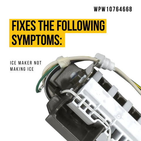Close-up of Drop In Plug And Play Ice Maker Assembly for Whirlpool Refrigerator with wires and connectors showing