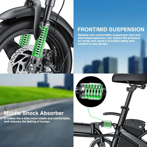 Detail of front and mid suspension on Foldable Electric Bike For Adults And Teens, City Commuter Ebike With 560W Motor