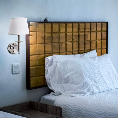 Swing Arm Wall Sconce Light With Plug In Or Hardwired Mount, Brushed Nickel Wall Lamp beside bed with wooden headboard