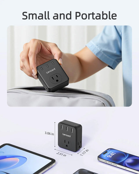 Power Up Your Setup With A Three Outlet Wall Tap And Three USB Ports Multi Plug Extender shown as portable and compact.